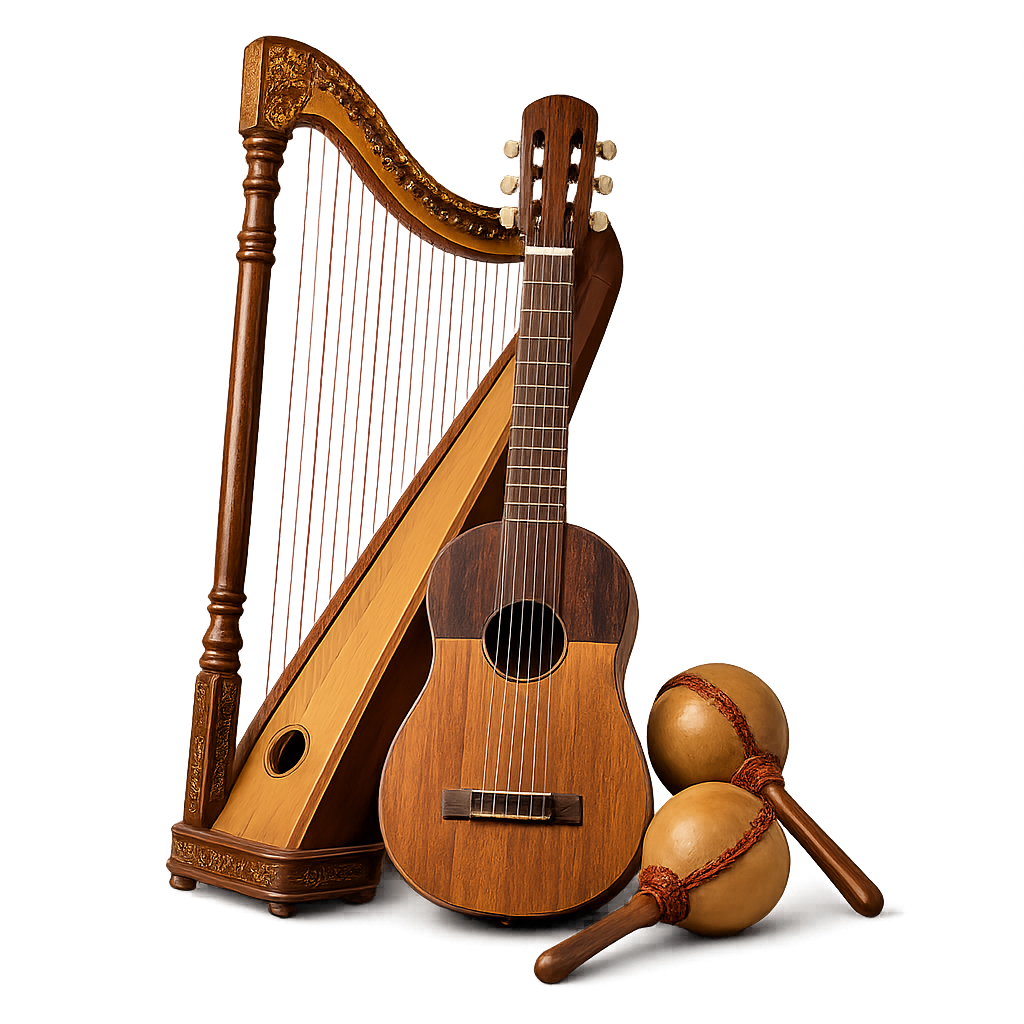 Harp, cuatro and maracas — traditional Venezuelan instruments